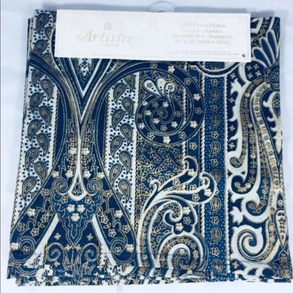 New Set Of 4 Table Clothe Napkin Artistic Accent Blue Paisley 100% Cotton Orient